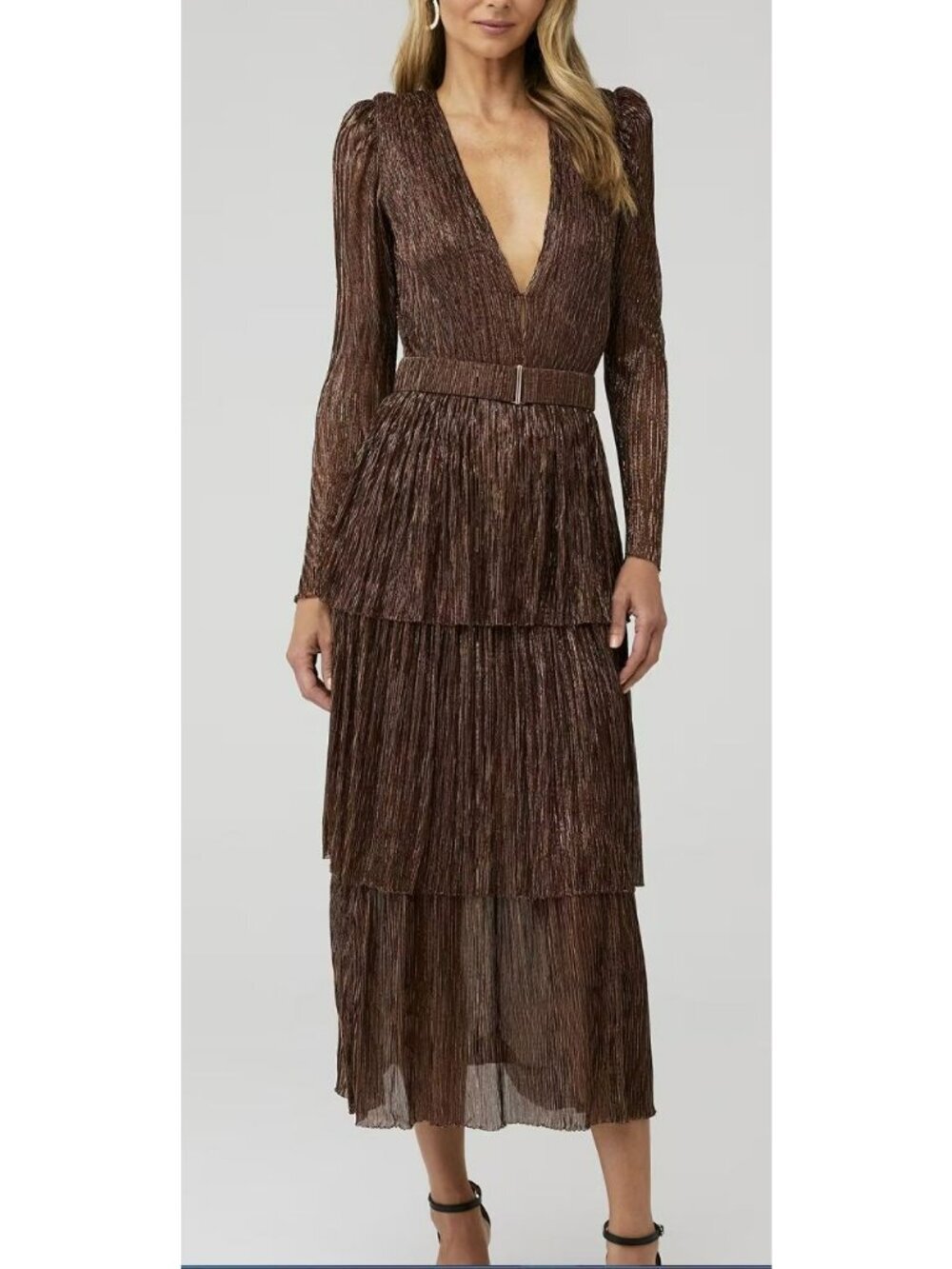 Sabina Musayev Carry Pleated Puff Sleeve Bronze Metallic Midi Tiered Dress
